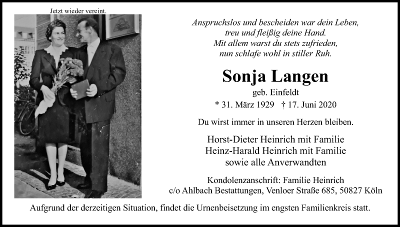  Traueranzeige für Sonja Langen vom 24.06.2020 aus Kölner Stadt-Anzeiger / Kölnische Rundschau / Express