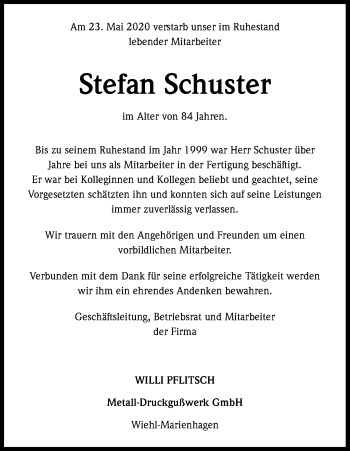 Anzeige von Stefan Schuster von Kölner Stadt-Anzeiger / Kölnische Rundschau / Express