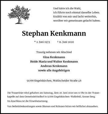 Anzeige von Stephan Kenkmann von Kölner Stadt-Anzeiger / Kölnische Rundschau / Express