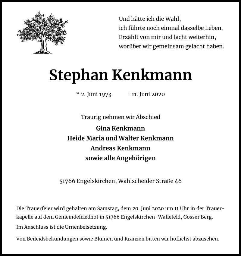  Traueranzeige für Stephan Kenkmann vom 16.06.2020 aus Kölner Stadt-Anzeiger / Kölnische Rundschau / Express