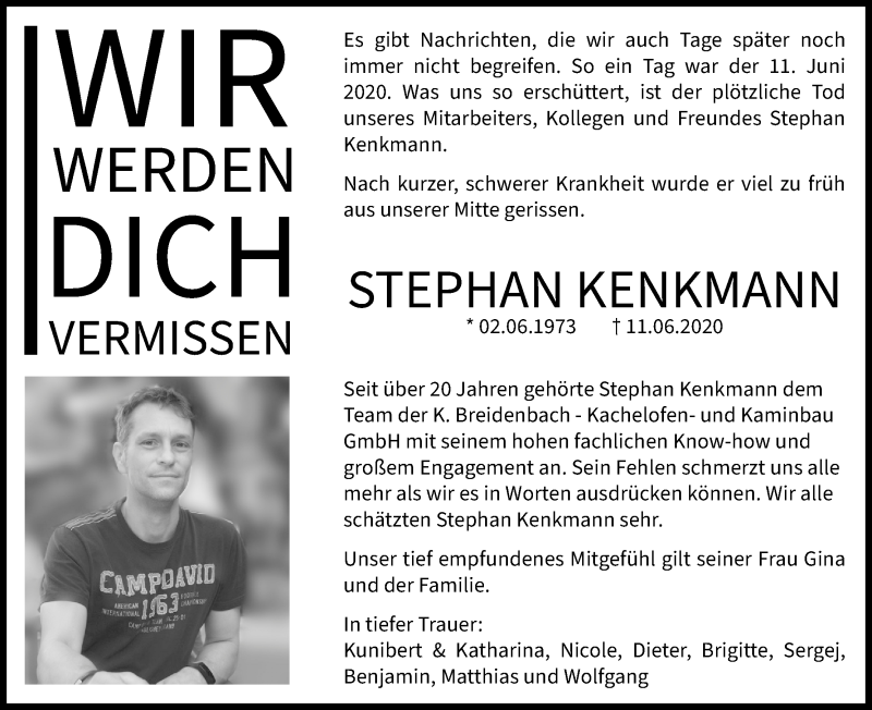  Traueranzeige für Stephan Kenkmann vom 20.06.2020 aus Kölner Stadt-Anzeiger / Kölnische Rundschau / Express