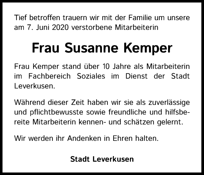  Traueranzeige für Susanne Kemper vom 27.06.2020 aus Kölner Stadt-Anzeiger / Kölnische Rundschau / Express