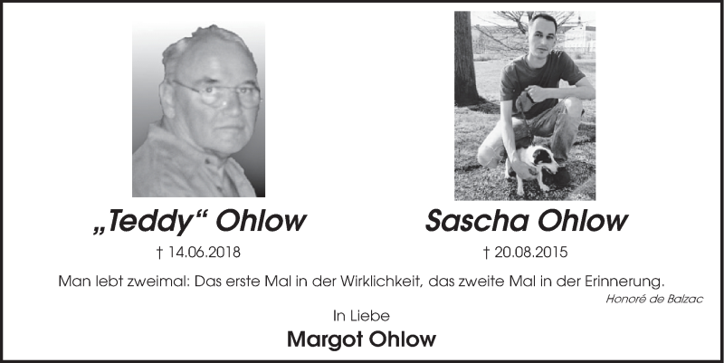  Traueranzeige für Teddy Ohlow vom 12.06.2020 aus  Schlossbote/Werbekurier 
