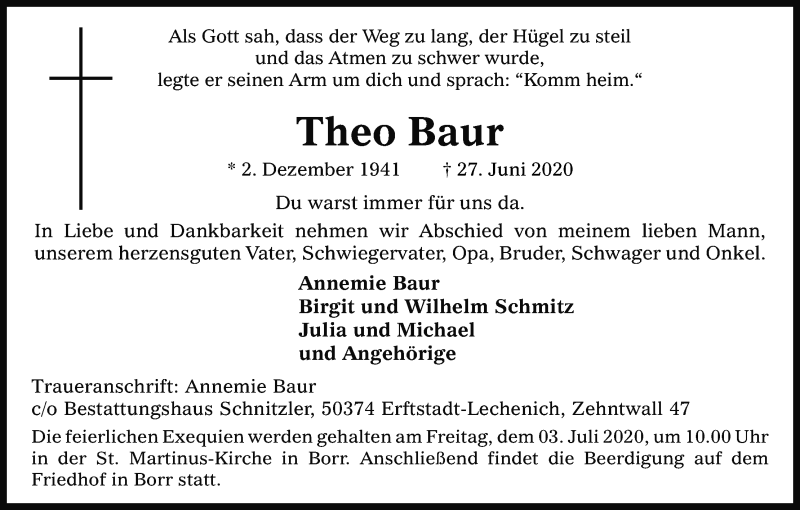  Traueranzeige für Theo Baur vom 30.06.2020 aus Kölner Stadt-Anzeiger / Kölnische Rundschau / Express