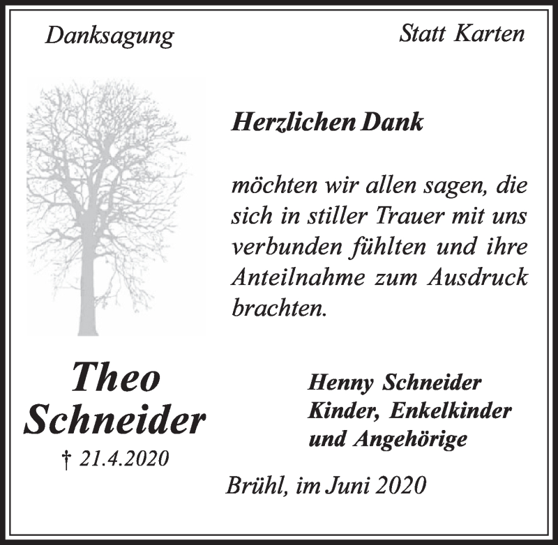  Traueranzeige für Theo Schneider vom 12.06.2020 aus  Schaufenster/Blickpunkt  Schlossbote/Werbekurier 