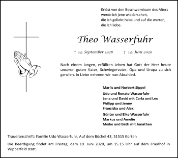 Anzeige von Theo Wasserfuhr von Kölner Stadt-Anzeiger / Kölnische Rundschau / Express