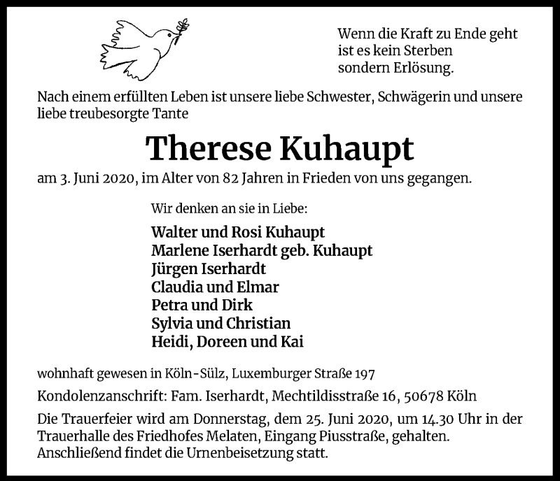  Traueranzeige für Therese Kuhaupt vom 20.06.2020 aus Kölner Stadt-Anzeiger / Kölnische Rundschau / Express