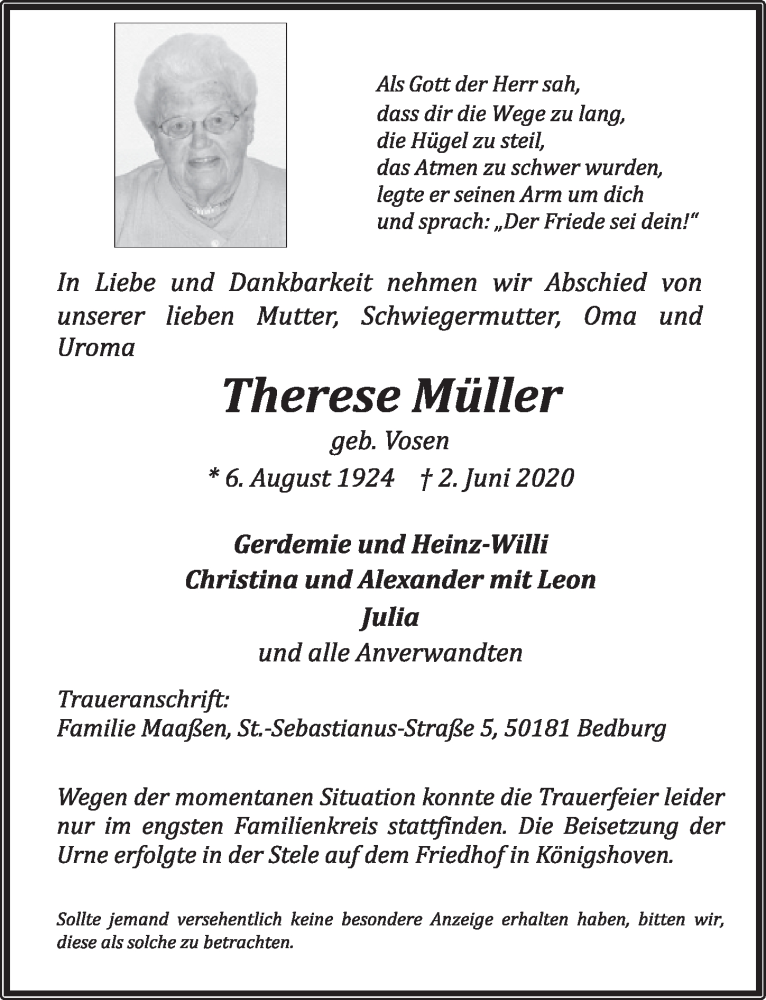  Traueranzeige für Therese Müller vom 19.06.2020 aus  Werbepost 