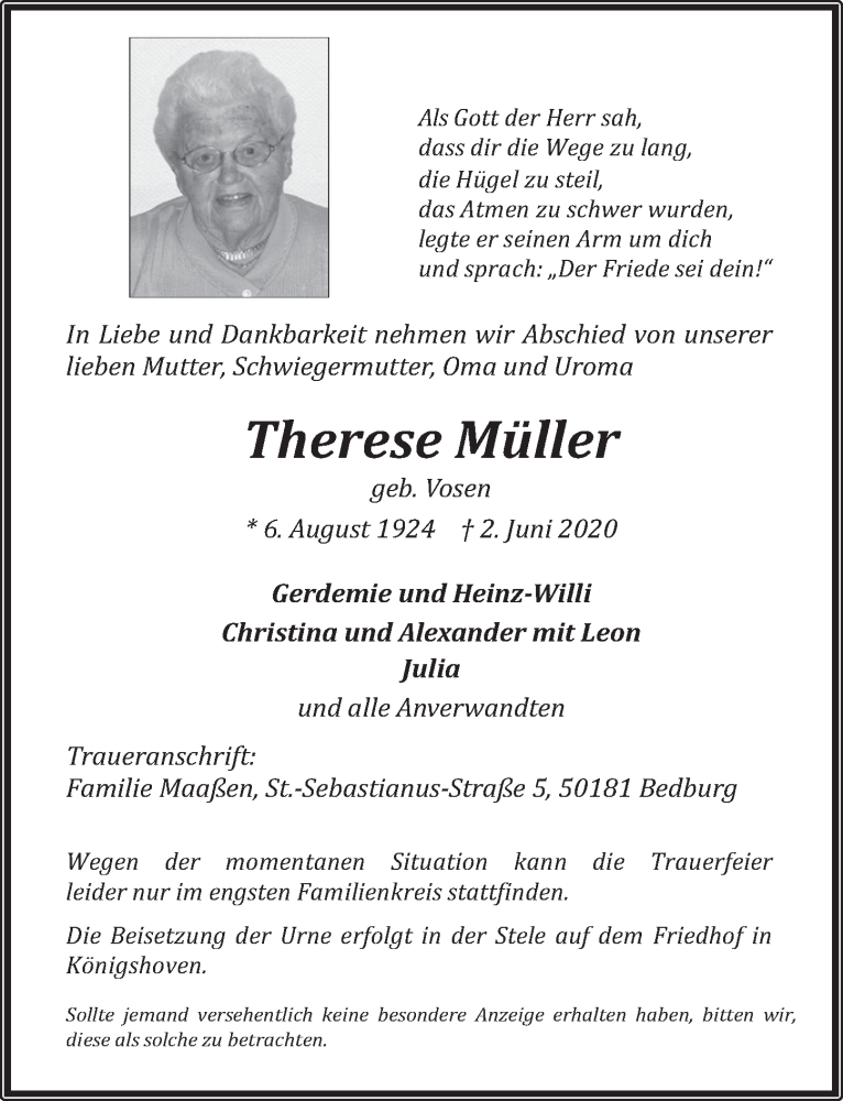  Traueranzeige für Therese Müller vom 12.06.2020 aus  Werbepost 