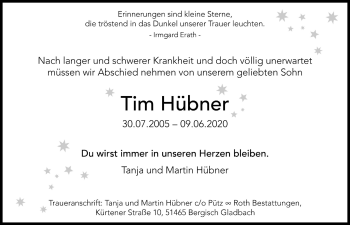 Anzeige von Tim Hübner von  Bergisches Handelsblatt 