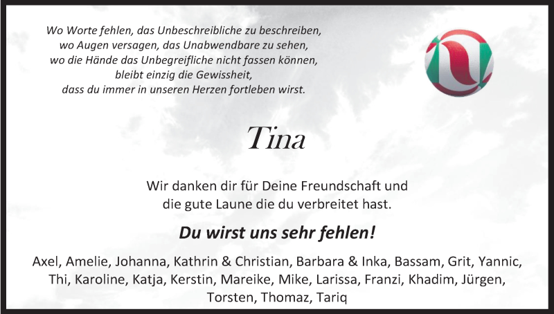  Traueranzeige für Tina  vom 04.06.2020 aus Kölner Stadt-Anzeiger / Kölnische Rundschau / Express