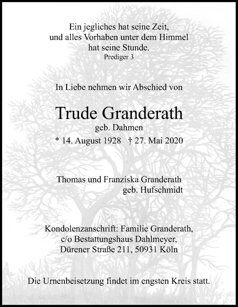  Traueranzeige für Trude Granderath vom 06.06.2020 aus Kölner Stadt-Anzeiger / Kölnische Rundschau / Express