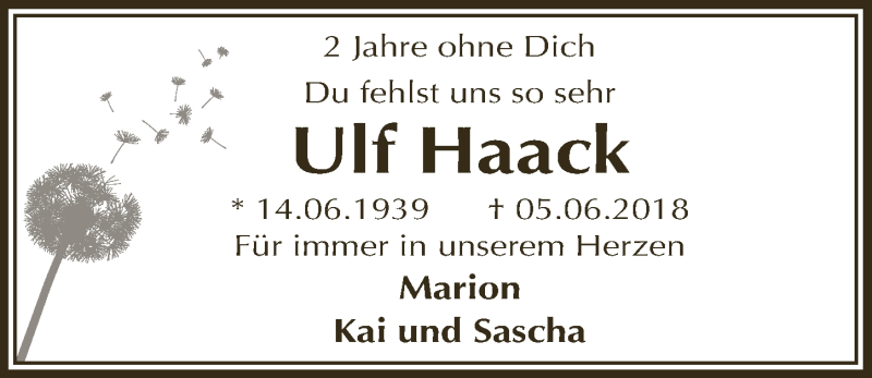  Traueranzeige für Ulf Haack vom 05.06.2020 aus  Anzeigen Echo 