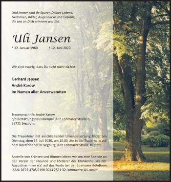 Anzeige von Uli Jansen von Kölner Stadt-Anzeiger / Kölnische Rundschau / Express