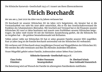 Anzeige von Ulrich Borchardt von Kölner Stadt-Anzeiger / Kölnische Rundschau / Express