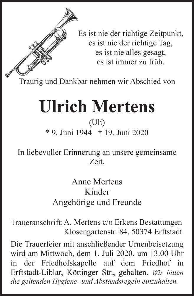  Traueranzeige für Ulrich Mertens vom 26.06.2020 aus  Werbepost 