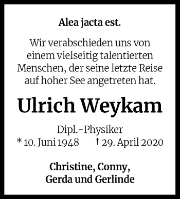 Anzeige von Ulrich Weykam von Kölner Stadt-Anzeiger / Kölnische Rundschau / Express