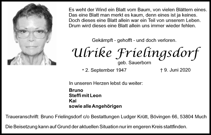  Traueranzeige für Ulrike Frielingsdorf vom 13.06.2020 aus Kölner Stadt-Anzeiger / Kölnische Rundschau / Express