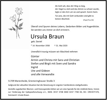 Anzeige von Ursula Braun von  Anzeigen Echo 