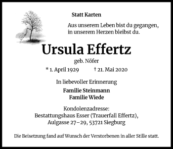 Anzeige von Ursula Effertz von Kölner Stadt-Anzeiger / Kölnische Rundschau / Express