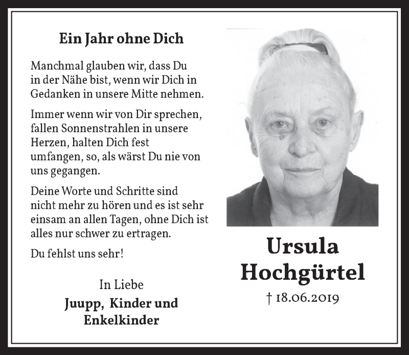  Traueranzeige für Ursula Hochgürtel vom 19.06.2020 aus  Werbepost 