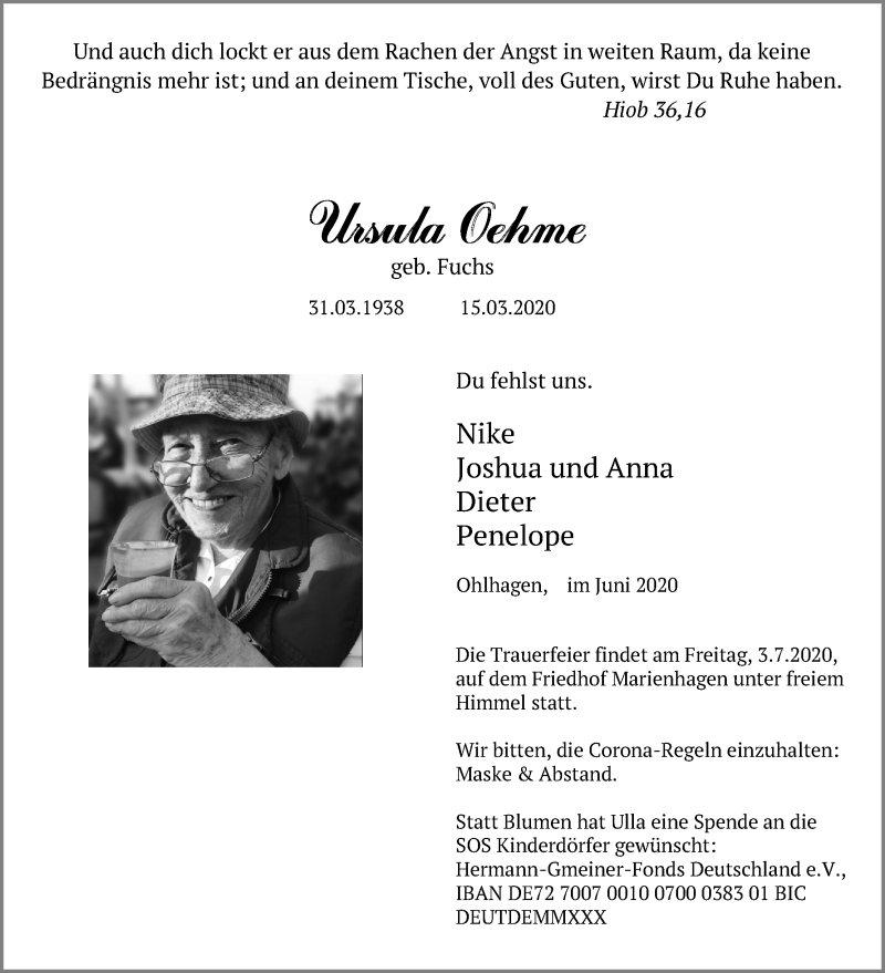  Traueranzeige für Ursula Oehme vom 27.06.2020 aus Kölner Stadt-Anzeiger / Kölnische Rundschau / Express