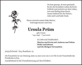 Anzeige von Ursula Prüm von  Werbepost 