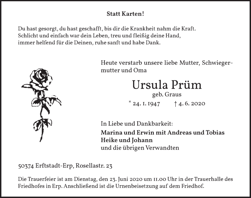  Traueranzeige für Ursula Prüm vom 19.06.2020 aus  Werbepost 