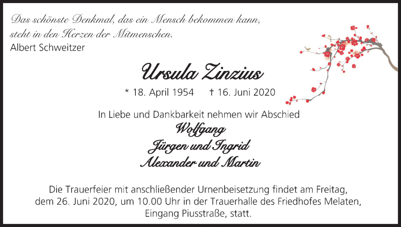 Traueranzeige für Ursula Zinzius vom 20.06.2020 aus Kölner Stadt-Anzeiger / Kölnische Rundschau / Express