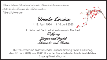 Anzeige von Ursula Zinzius von Kölner Stadt-Anzeiger / Kölnische Rundschau / Express