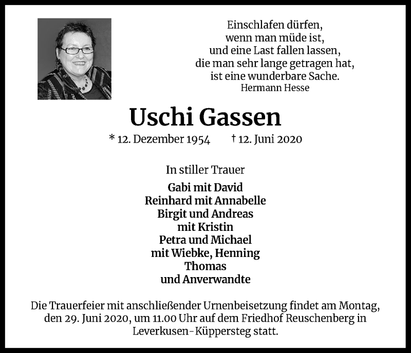  Traueranzeige für Uschi Gassen vom 24.06.2020 aus Kölner Stadt-Anzeiger / Kölnische Rundschau / Express
