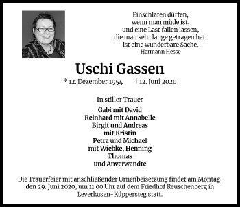 Anzeige von Uschi Gassen von Kölner Stadt-Anzeiger / Kölnische Rundschau / Express