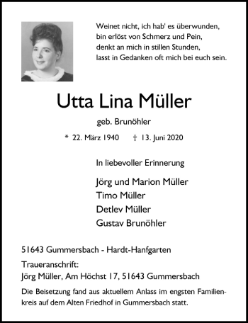 Anzeige von Utta Lina Müller von  Anzeigen Echo 