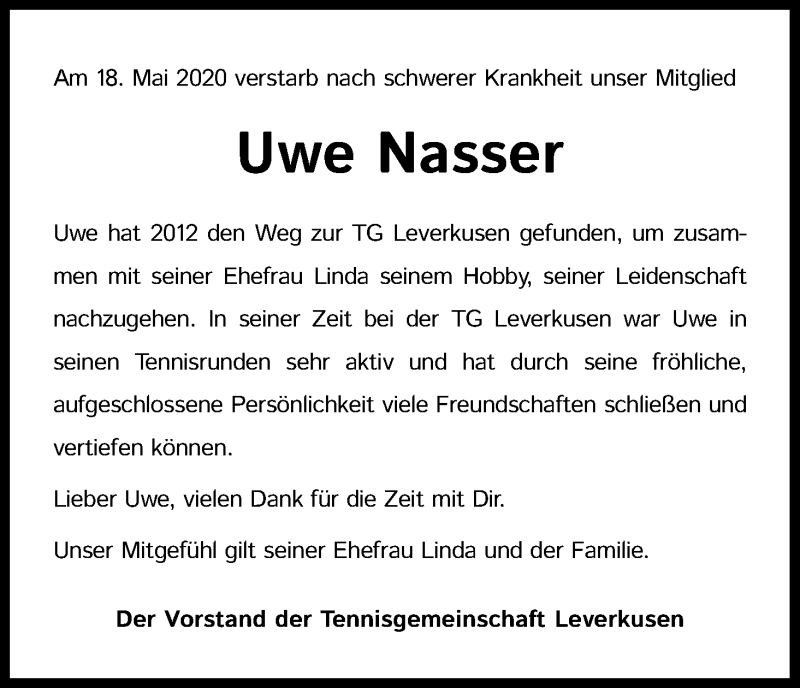  Traueranzeige für Uwe Nasser vom 17.06.2020 aus Kölner Stadt-Anzeiger / Kölnische Rundschau / Express