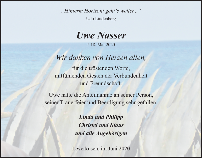 Traueranzeige für Uwe Nasser vom 27.06.2020 aus Kölner Stadt-Anzeiger / Kölnische Rundschau / Express