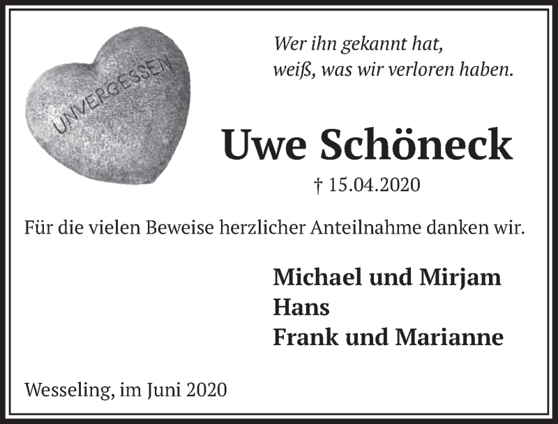  Traueranzeige für Uwe Schöneck vom 05.06.2020 aus  Schlossbote/Werbekurier 