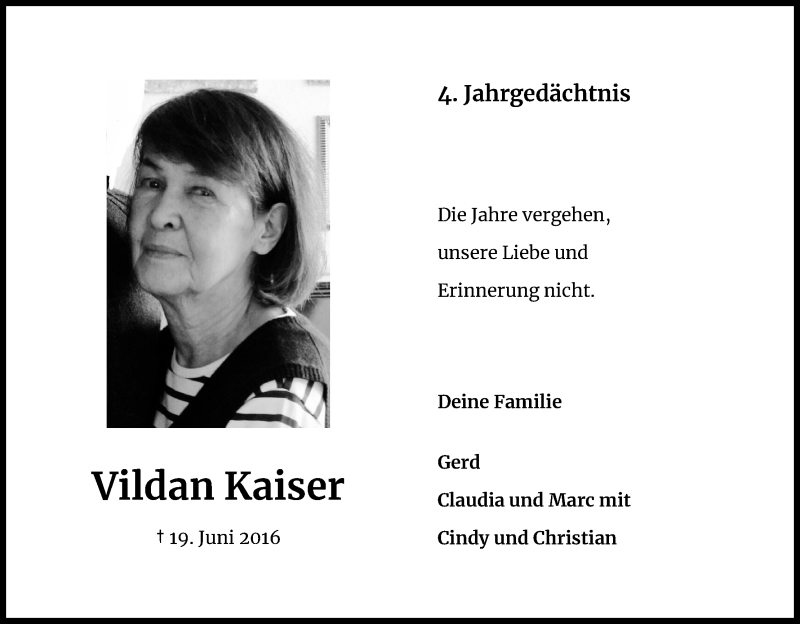  Traueranzeige für Vildan Kaiser vom 19.06.2020 aus Kölner Stadt-Anzeiger / Kölnische Rundschau / Express