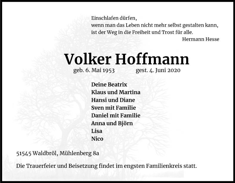  Traueranzeige für Volker Hoffmann vom 06.06.2020 aus Kölner Stadt-Anzeiger / Kölnische Rundschau / Express
