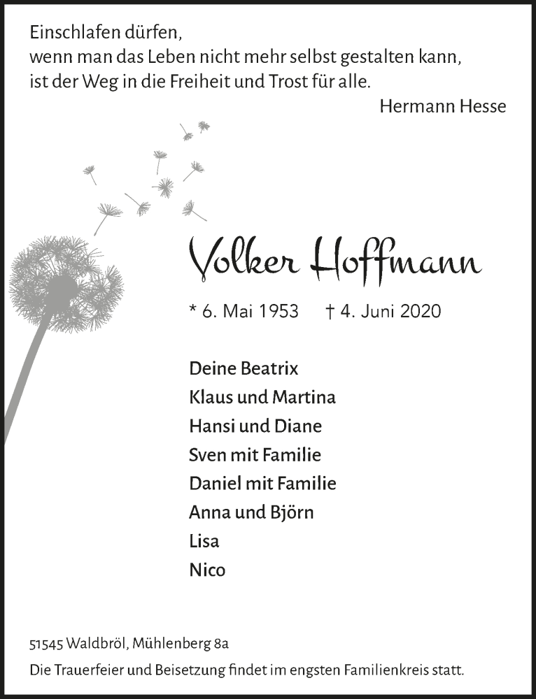  Traueranzeige für Volker Hoffmann vom 12.06.2020 aus  Lokalanzeiger 