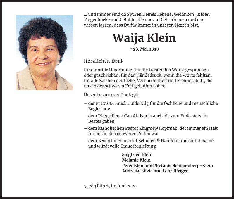  Traueranzeige für Waija Klein vom 20.06.2020 aus Kölner Stadt-Anzeiger / Kölnische Rundschau / Express