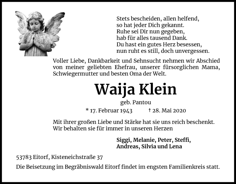  Traueranzeige für Waija Klein vom 06.06.2020 aus Kölner Stadt-Anzeiger / Kölnische Rundschau / Express
