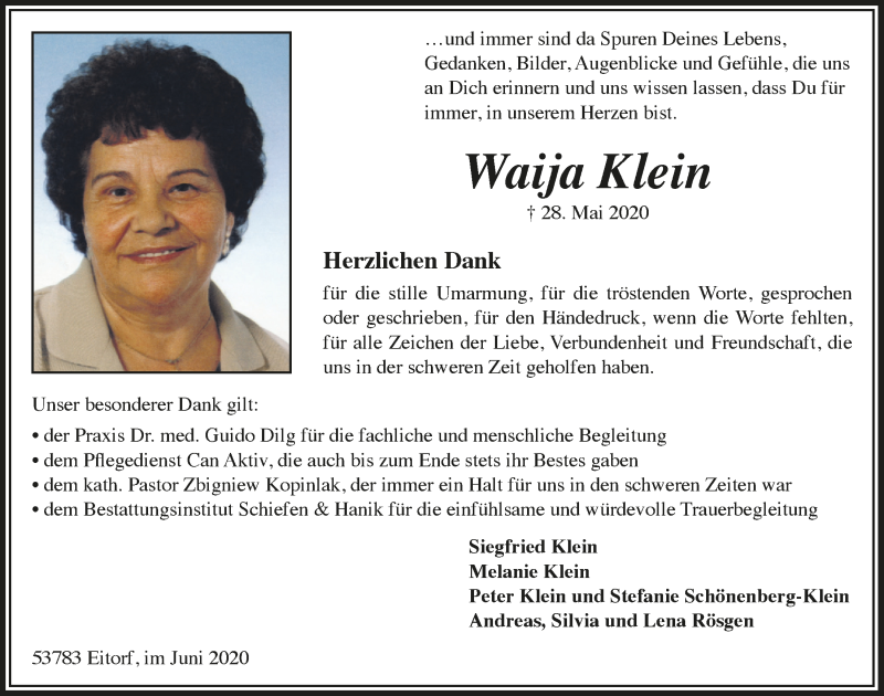  Traueranzeige für Waija Klein vom 19.06.2020 aus  Extra Blatt 