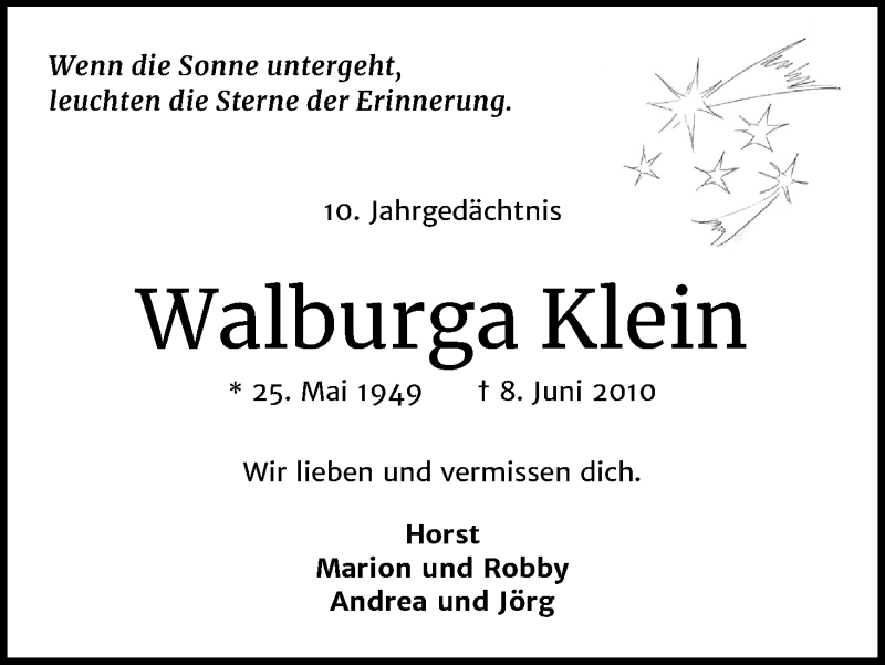  Traueranzeige für Walburga Klein vom 06.06.2020 aus Kölner Stadt-Anzeiger / Kölnische Rundschau / Express