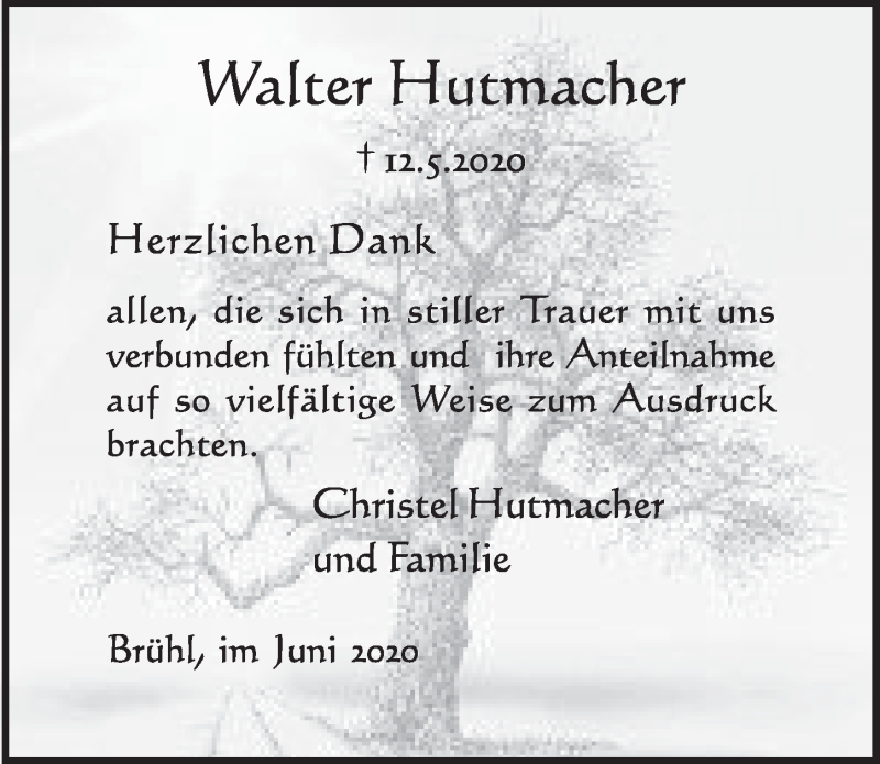  Traueranzeige für Walter Hutmacher vom 19.06.2020 aus  Schlossbote/Werbekurier 