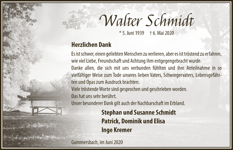  Traueranzeige für Walter Schmidt vom 12.06.2020 aus  Anzeigen Echo 