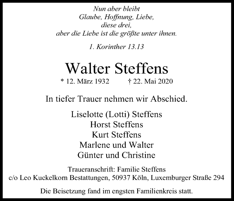  Traueranzeige für Walter Steffens vom 13.06.2020 aus Kölner Stadt-Anzeiger / Kölnische Rundschau / Express