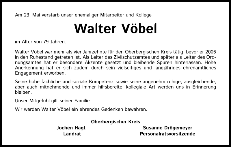  Traueranzeige für Walter Vöbel vom 03.06.2020 aus Kölner Stadt-Anzeiger / Kölnische Rundschau / Express