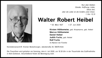 Anzeige von Walter Robert Heibel von Kölner Stadt-Anzeiger / Kölnische Rundschau / Express