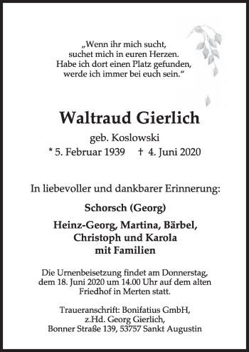 Anzeige von Waltraud Gierlich von  Schlossbote/Werbekurier 