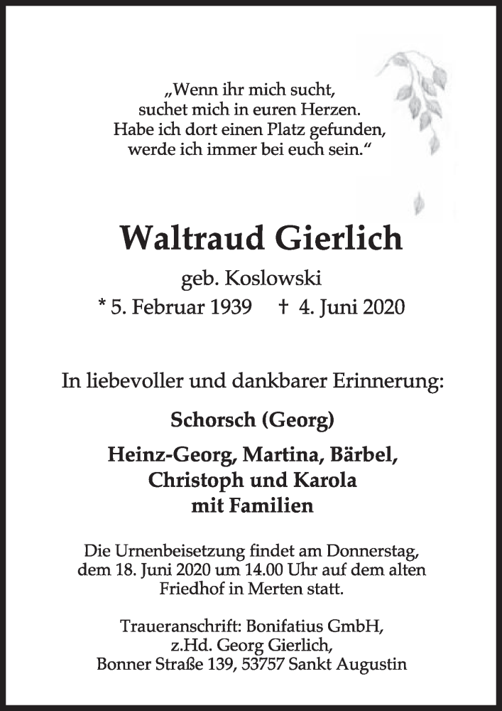  Traueranzeige für Waltraud Gierlich vom 12.06.2020 aus  Schlossbote/Werbekurier 